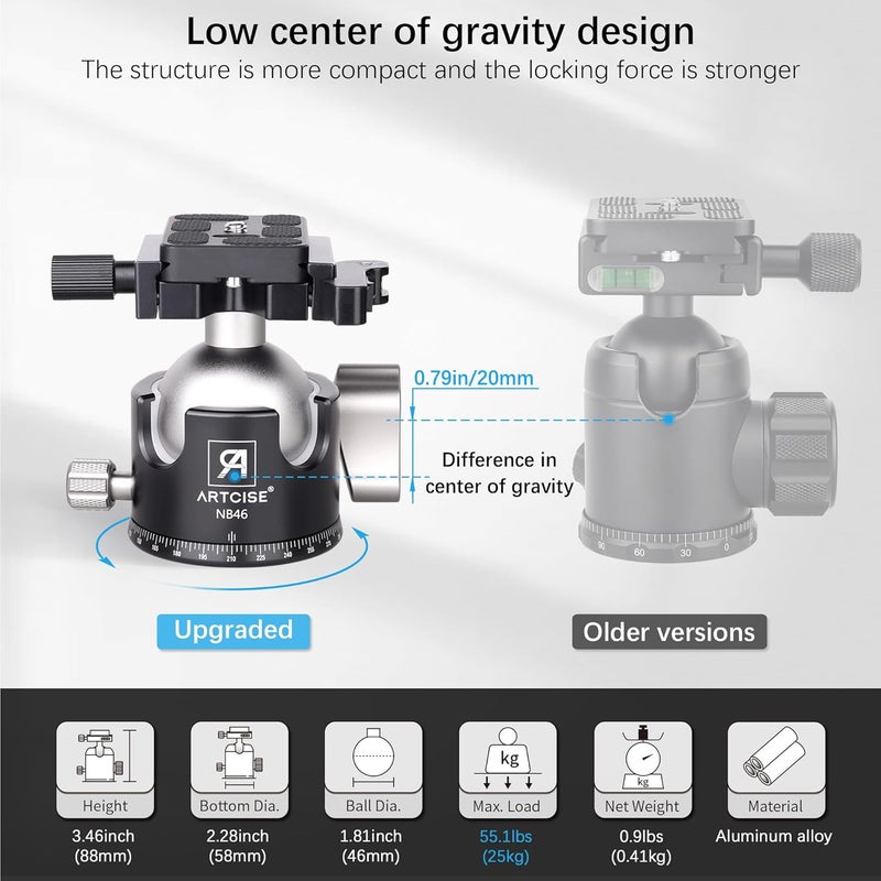 ARTCISE 46mm Low ProfileTripod Ball Head with Lever Release Heavy Duty Ball Head Camera Ball Head with Arca Swiss Quick Release Plate for Camera Tripod Monopod DSLR Camcorder Telescope Max Load 55lbs - Image 5